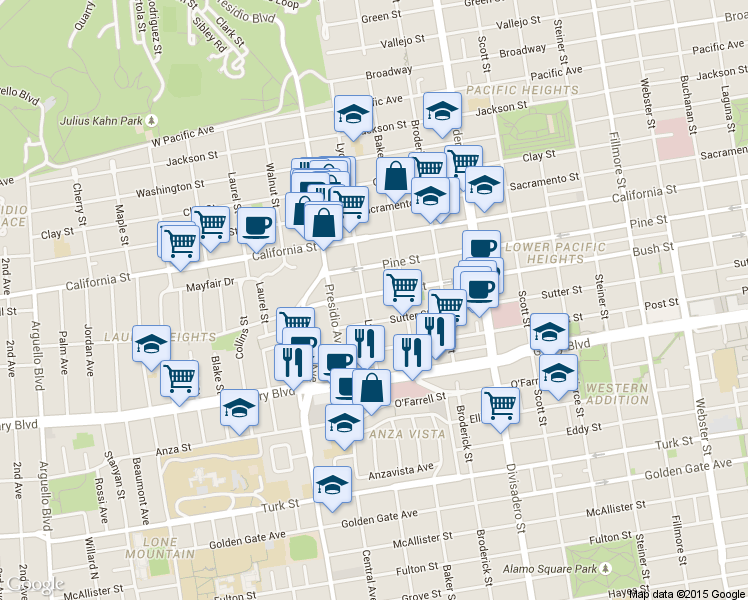 map of restaurants, bars, coffee shops, grocery stores, and more near in San Francisco