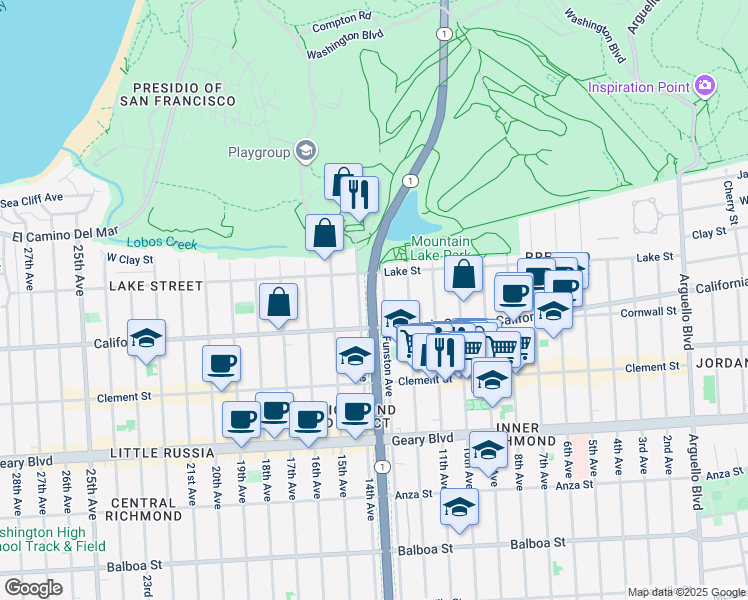map of restaurants, bars, coffee shops, grocery stores, and more near 176 Funston Avenue in San Francisco