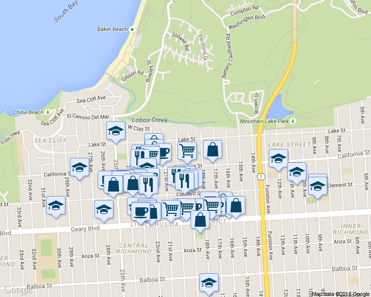 map of restaurants, bars, coffee shops, grocery stores, and more near 160 20th Avenue in San Francisco