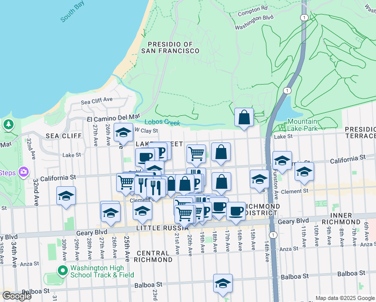 map of restaurants, bars, coffee shops, grocery stores, and more near 160 20th Avenue in San Francisco