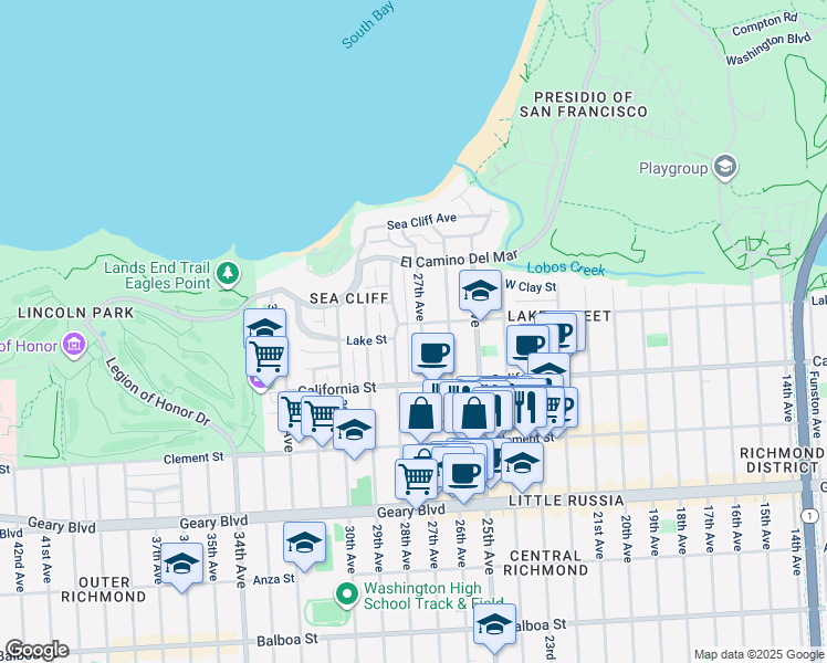 map of restaurants, bars, coffee shops, grocery stores, and more near 234 27th Avenue in San Francisco