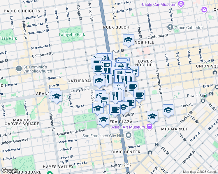 map of restaurants, bars, coffee shops, grocery stores, and more near 236 Myrtle Street in San Francisco