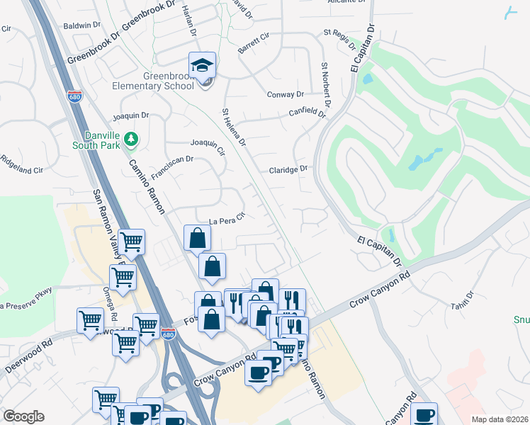 map of restaurants, bars, coffee shops, grocery stores, and more near 1576 Silverwood Court in Danville