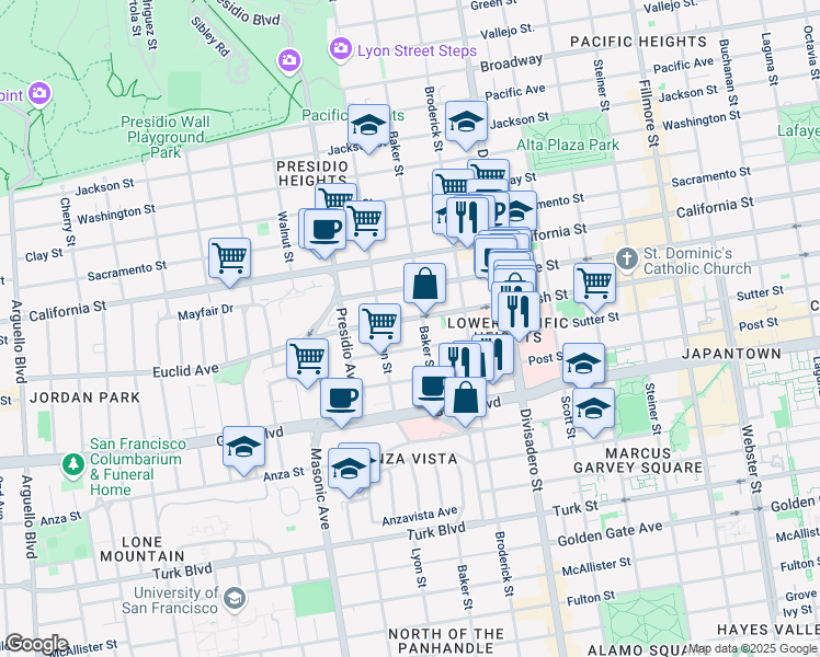 map of restaurants, bars, coffee shops, grocery stores, and more near 2608 Sutter Street in San Francisco