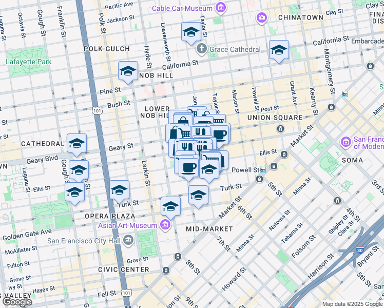map of restaurants, bars, coffee shops, grocery stores, and more near 555 O'Farrell Street in San Francisco