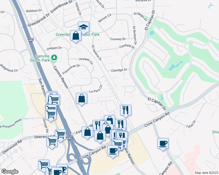 map of restaurants, bars, coffee shops, grocery stores, and more near 1576 Silverwood Court in Danville