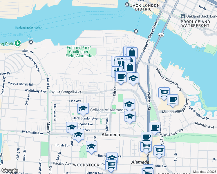 map of restaurants, bars, coffee shops, grocery stores, and more near 2700 Bette Street in Alameda