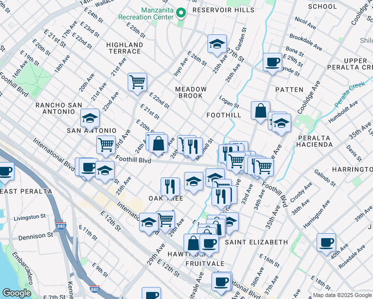 map of restaurants, bars, coffee shops, grocery stores, and more near 2021 27th Avenue in Oakland