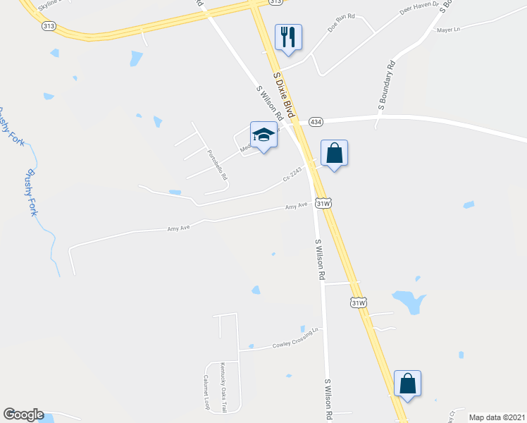 map of restaurants, bars, coffee shops, grocery stores, and more near 156 Amy Avenue in Elizabethtown