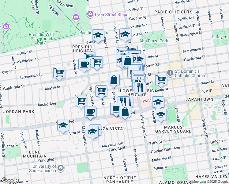 map of restaurants, bars, coffee shops, grocery stores, and more near 2608 Sutter Street in San Francisco