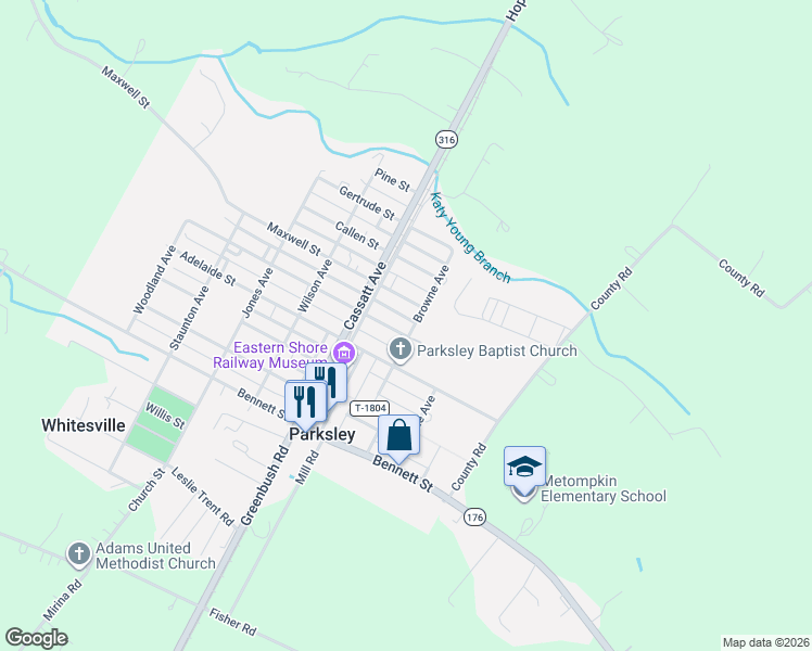 map of restaurants, bars, coffee shops, grocery stores, and more near Browne Avenue in Parksley