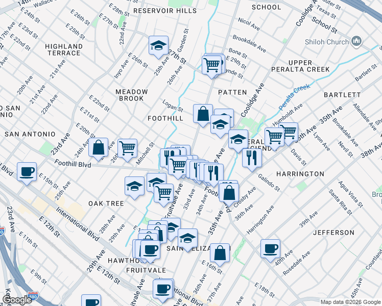 map of restaurants, bars, coffee shops, grocery stores, and more near Fruitvale Ave & E 23rd St in Oakland