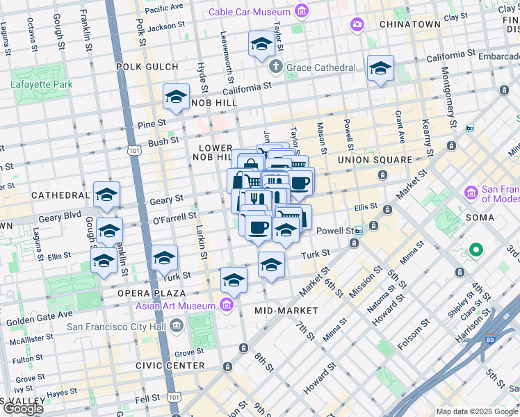 map of restaurants, bars, coffee shops, grocery stores, and more near 440 Ellis Street in San Francisco