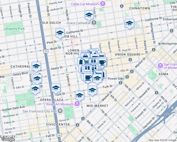 map of restaurants, bars, coffee shops, grocery stores, and more near 575 O'Farrell Street in San Francisco