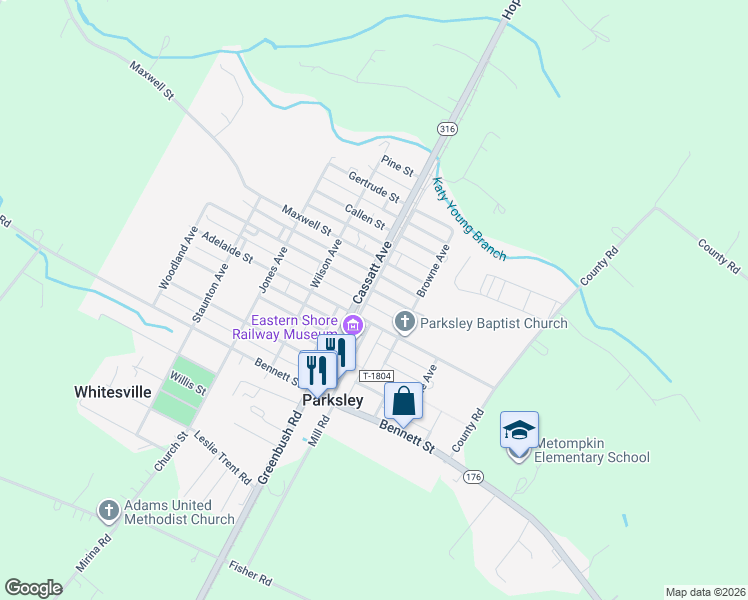 map of restaurants, bars, coffee shops, grocery stores, and more near 24295-24299 Adelaide Street in Parksley