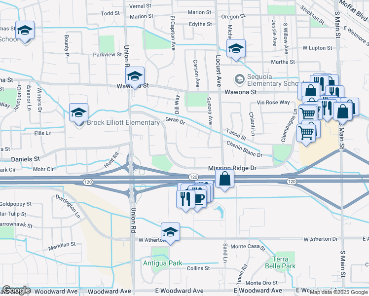 map of restaurants, bars, coffee shops, grocery stores, and more near 896 Cinnamon Teal Court in Manteca
