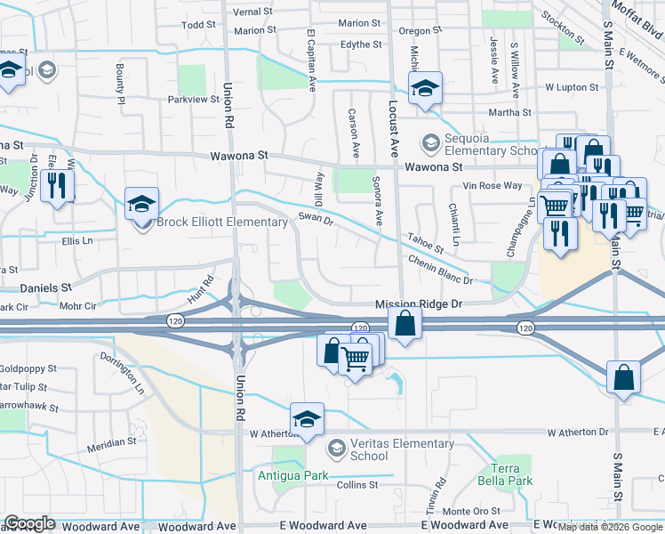 map of restaurants, bars, coffee shops, grocery stores, and more near 896 Cinnamon Teal Court in Manteca