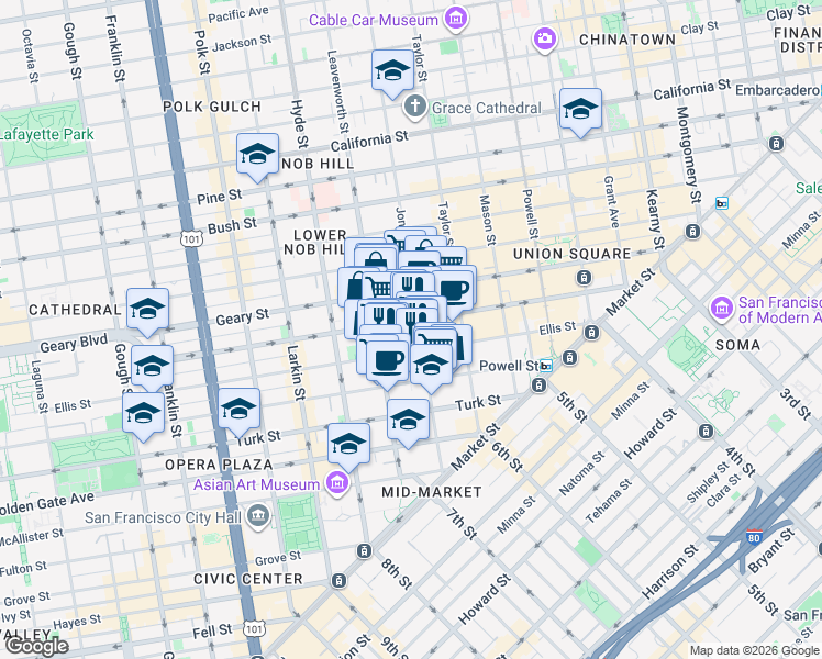 map of restaurants, bars, coffee shops, grocery stores, and more near 515 O'Farrell Street in San Francisco