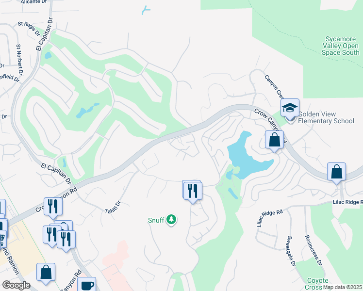 map of restaurants, bars, coffee shops, grocery stores, and more near 3919 Crow Canyon Road in San Ramon