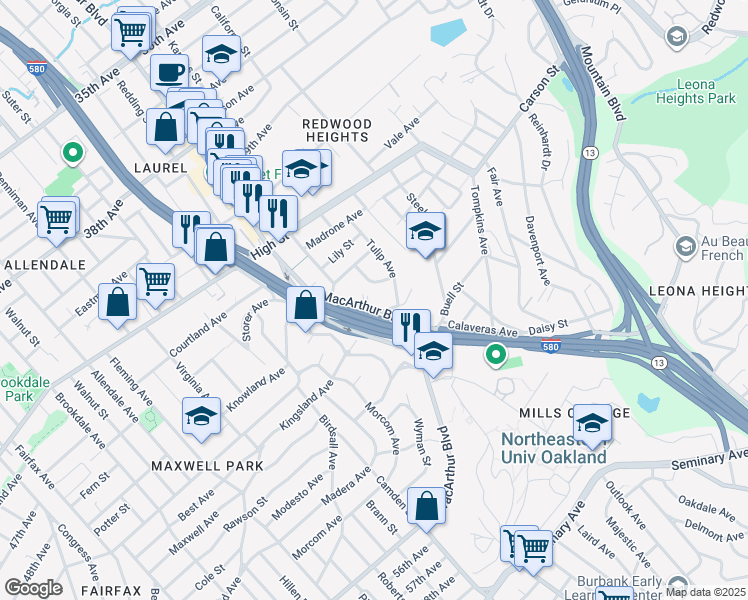 map of restaurants, bars, coffee shops, grocery stores, and more near in Oakland