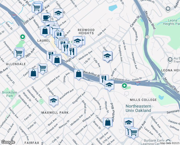 map of restaurants, bars, coffee shops, grocery stores, and more near 4550 MacArthur Boulevard in Oakland