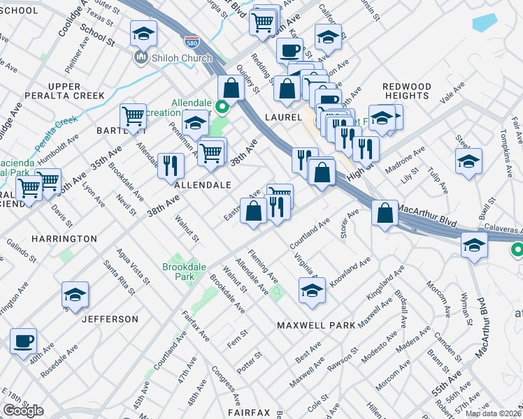 map of restaurants, bars, coffee shops, grocery stores, and more near 3025 High Street in Oakland