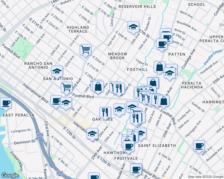 map of restaurants, bars, coffee shops, grocery stores, and more near 2003 27th Avenue in Oakland