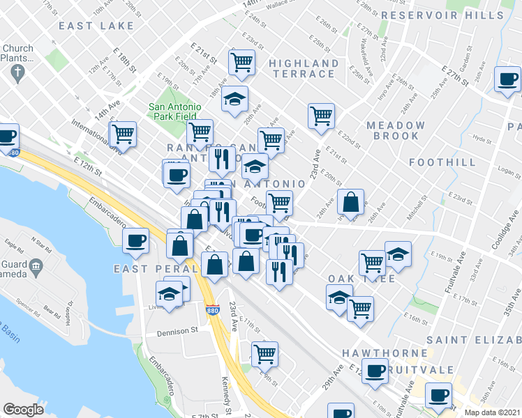 map of restaurants, bars, coffee shops, grocery stores, and more near 1529 23rd Avenue in Oakland
