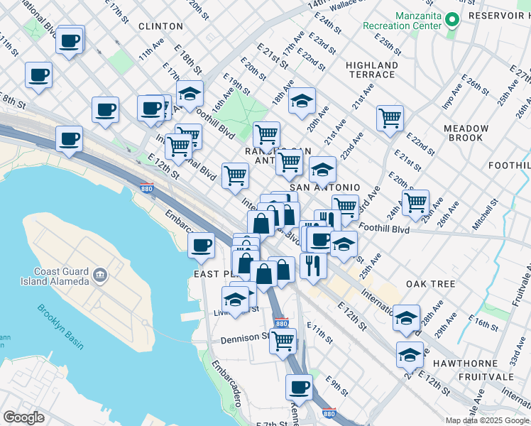 map of restaurants, bars, coffee shops, grocery stores, and more near 1227 East 21st Street in Oakland