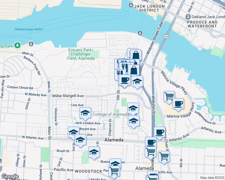 map of restaurants, bars, coffee shops, grocery stores, and more near 2470 Haile Street in Alameda