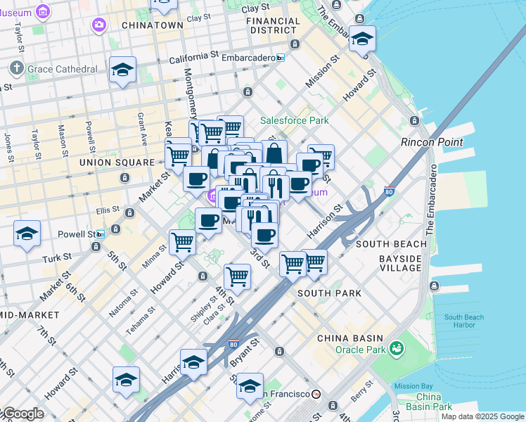 map of restaurants, bars, coffee shops, grocery stores, and more near 50 Hawthorne Street in San Francisco