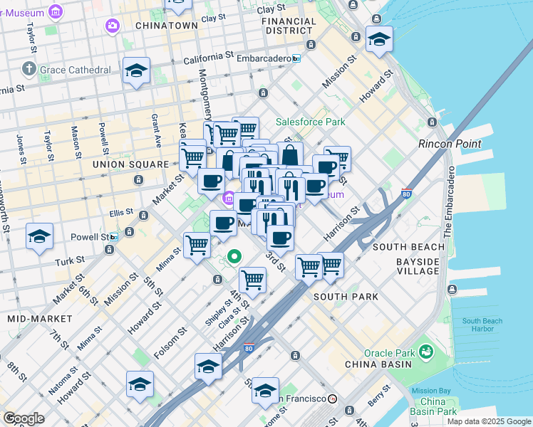 map of restaurants, bars, coffee shops, grocery stores, and more near 50 Hawthorne Street in San Francisco
