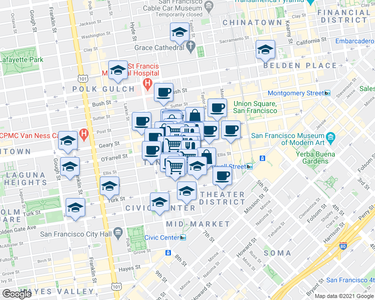 map of restaurants, bars, coffee shops, grocery stores, and more near 440 Ellis Street in San Francisco