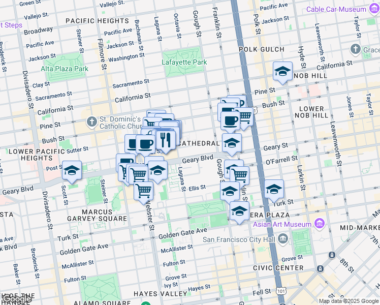 map of restaurants, bars, coffee shops, grocery stores, and more near 1450 Laguna Street in San Francisco