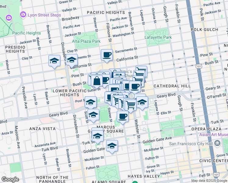 map of restaurants, bars, coffee shops, grocery stores, and more near 1970 Post Street in San Francisco