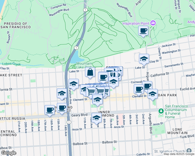 map of restaurants, bars, coffee shops, grocery stores, and more near 4640 California Street in San Francisco