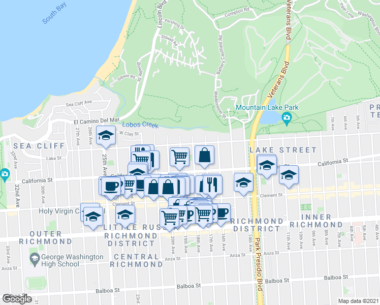 map of restaurants, bars, coffee shops, grocery stores, and more near Lake Street in San Francisco