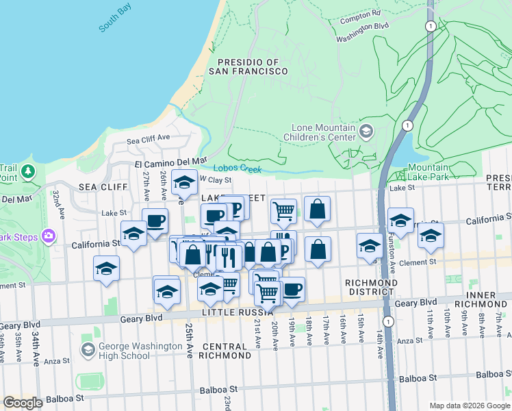 map of restaurants, bars, coffee shops, grocery stores, and more near 149 21st Avenue in San Francisco
