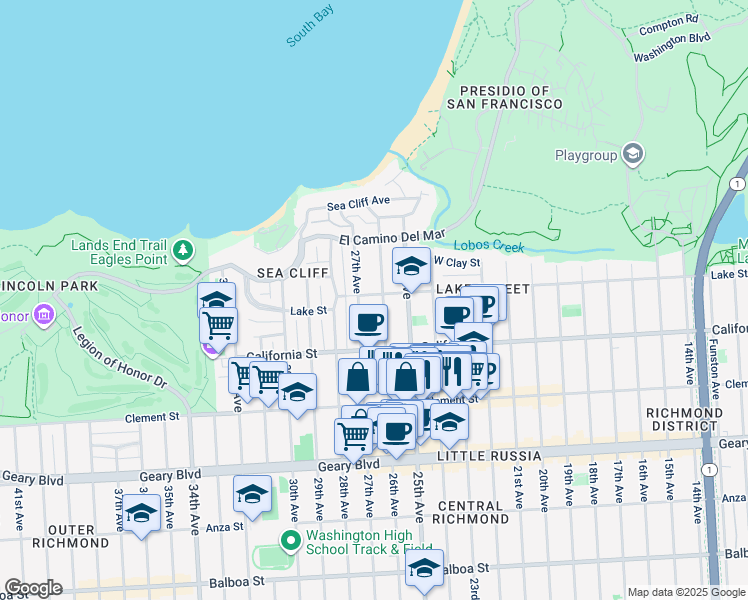 map of restaurants, bars, coffee shops, grocery stores, and more near 234 27th Avenue in San Francisco