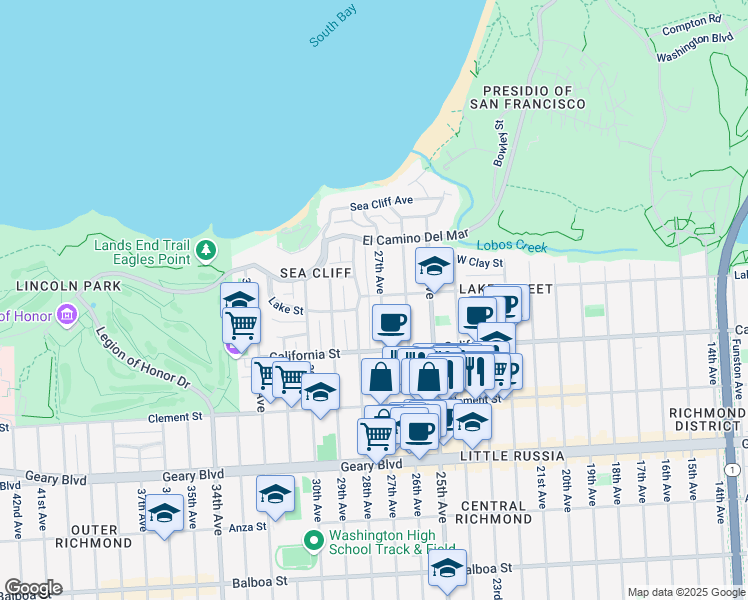 map of restaurants, bars, coffee shops, grocery stores, and more near 234 27th Avenue in San Francisco