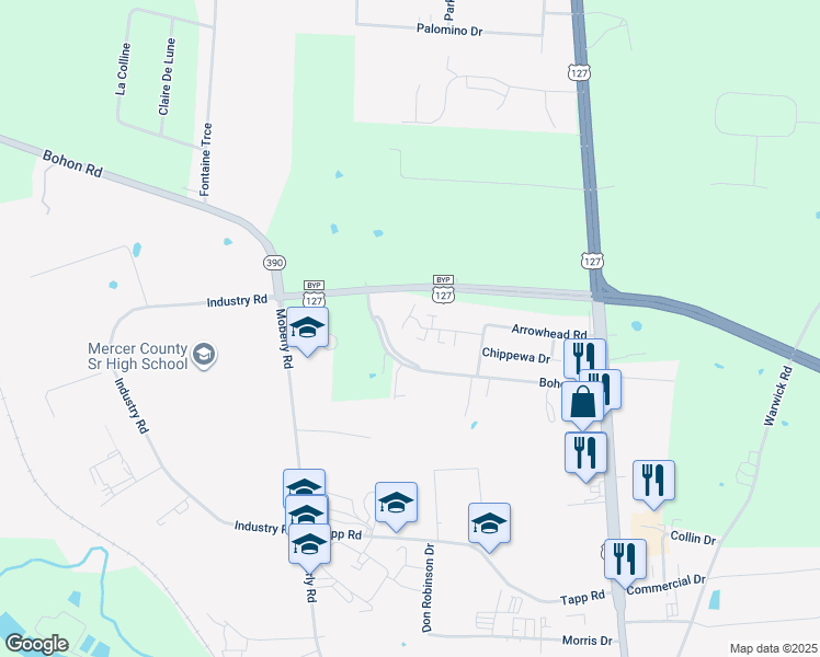 map of restaurants, bars, coffee shops, grocery stores, and more near 524 Tomahawk Drive in Harrodsburg