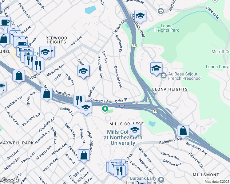 map of restaurants, bars, coffee shops, grocery stores, and more near 4791 Fair Avenue in Oakland