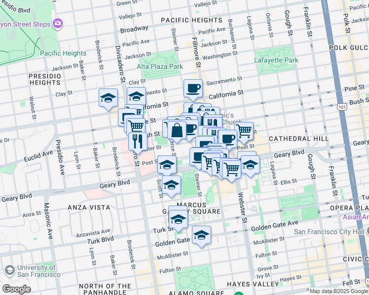 map of restaurants, bars, coffee shops, grocery stores, and more near 2135 Sutter Street in San Francisco