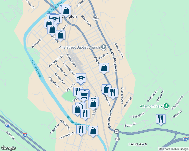 map of restaurants, bars, coffee shops, grocery stores, and more near S Highland Ave in Covington