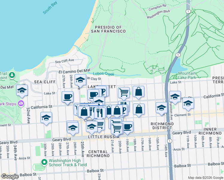 map of restaurants, bars, coffee shops, grocery stores, and more near 149 21st Avenue in San Francisco