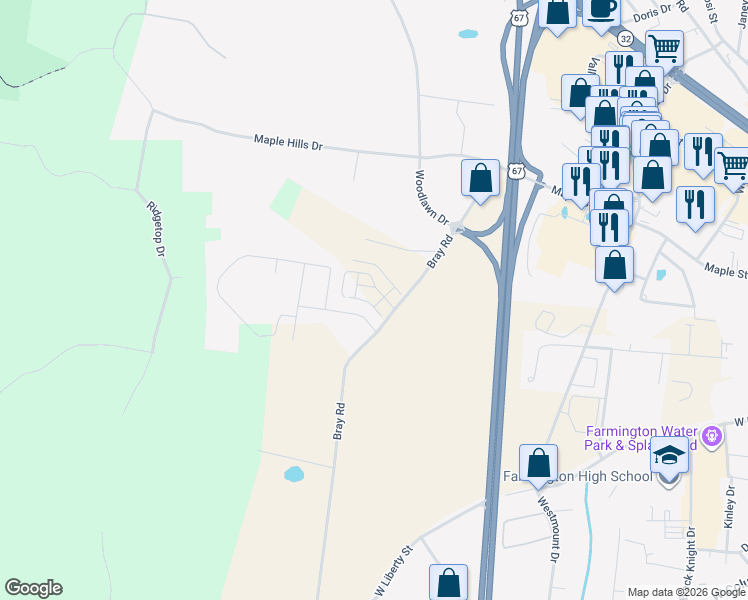 map of restaurants, bars, coffee shops, grocery stores, and more near 1807 Oak Knoll Drive in Farmington