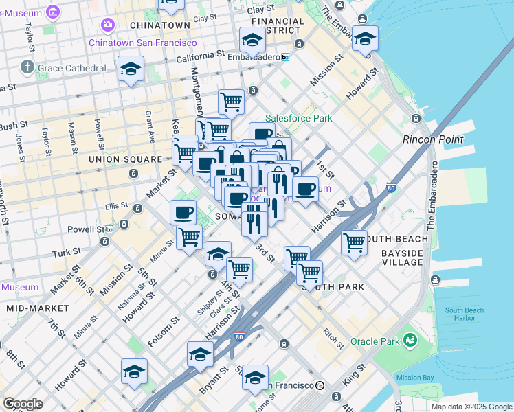 map of restaurants, bars, coffee shops, grocery stores, and more near 55 Hawthorne Street in San Francisco