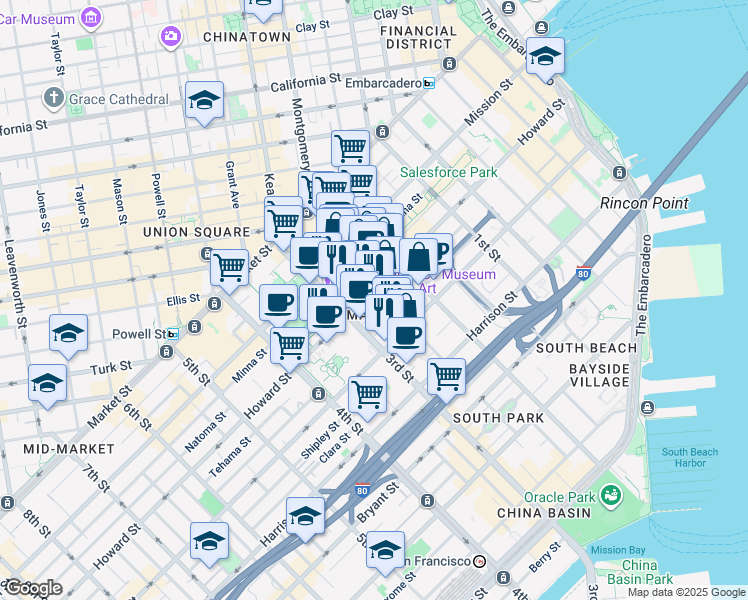 map of restaurants, bars, coffee shops, grocery stores, and more near 20 Hawthorne Street in San Francisco