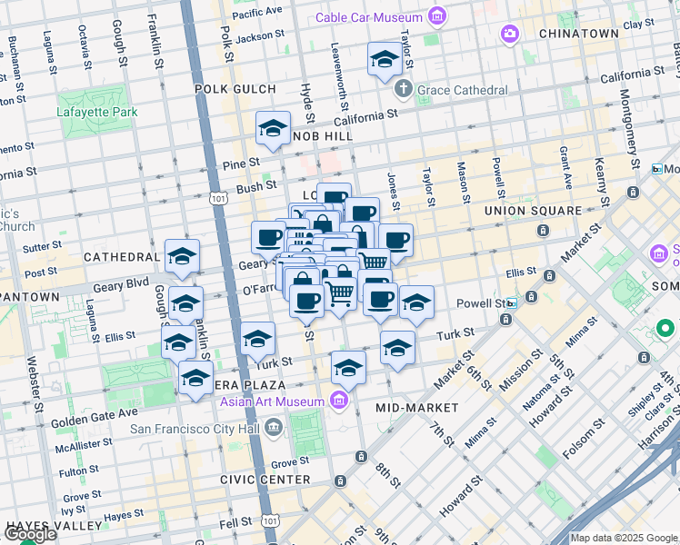 map of restaurants, bars, coffee shops, grocery stores, and more near in San Francisco