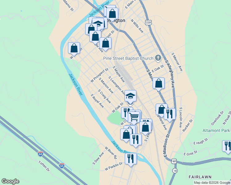 map of restaurants, bars, coffee shops, grocery stores, and more near 418 South Marion Avenue in Covington